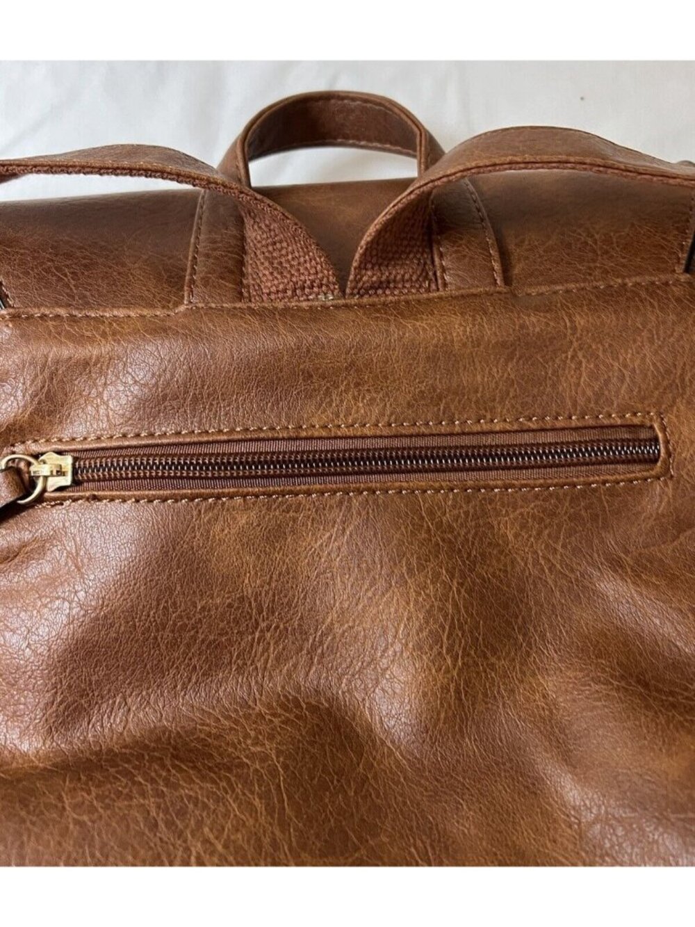 Brown Faux Leather Backpack With Top Handle & Adjustable Straps Multiple Zipper - Picture 3 of 5